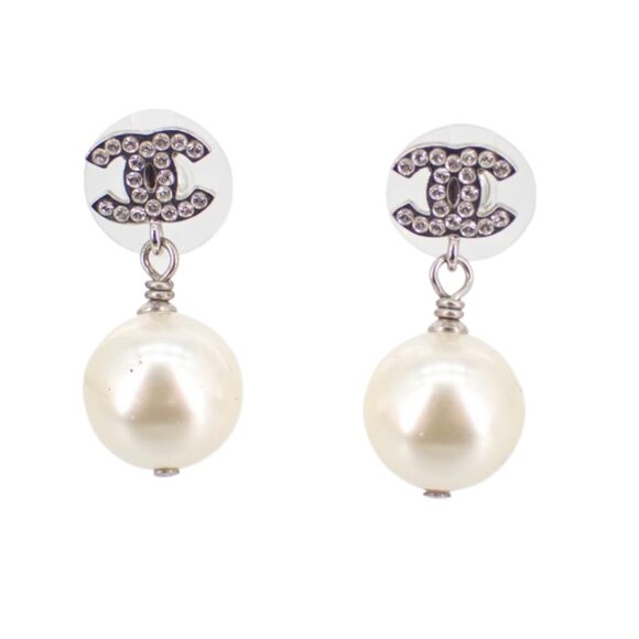 Chanel CC Pearl Drop Crystal Earrings Gunmetal 2666 - Picture 1 of 8